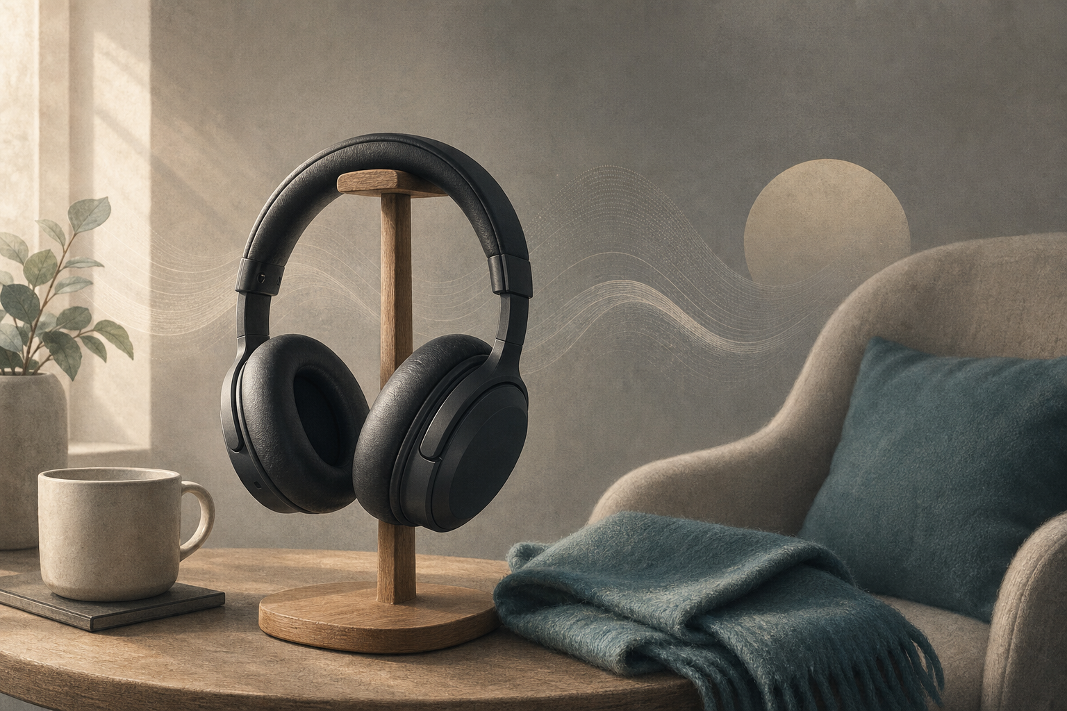 Generic over-ear headphones in a quiet listening corner