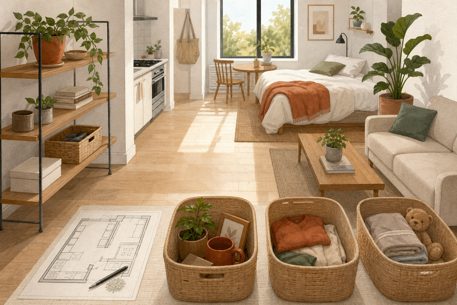 Small apartment organized into clear storage zones