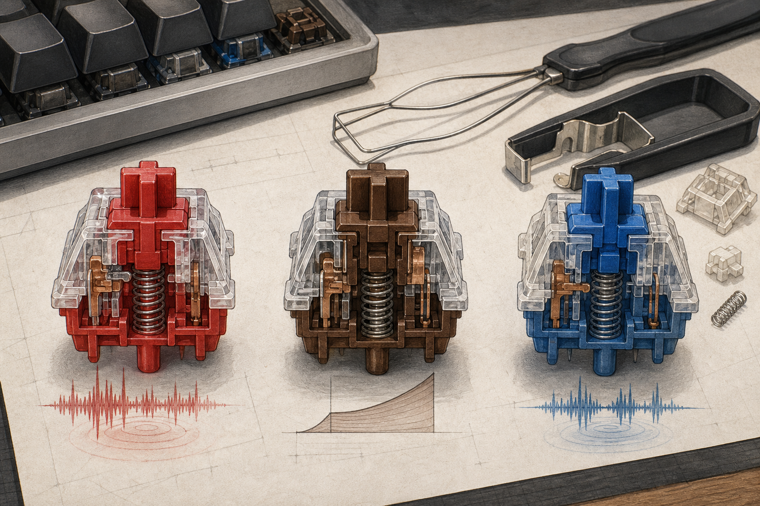 Technical editorial illustration of three generic mechanical keyboard switch types