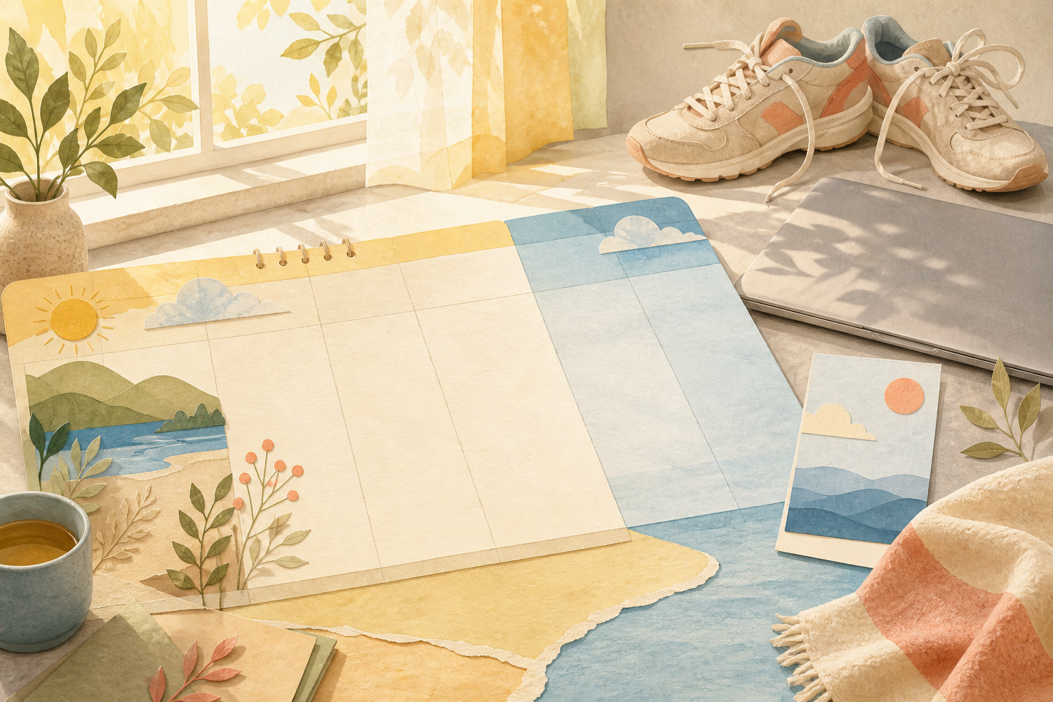 Editorial illustration of an open weekend calendar arranged for rest and recovery