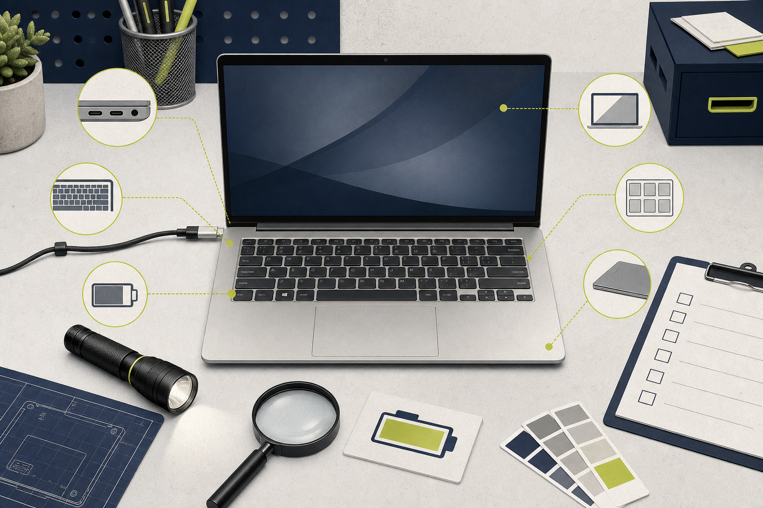 Editorial inspection scene with a refurbished laptop, checklist and diagnostic tools