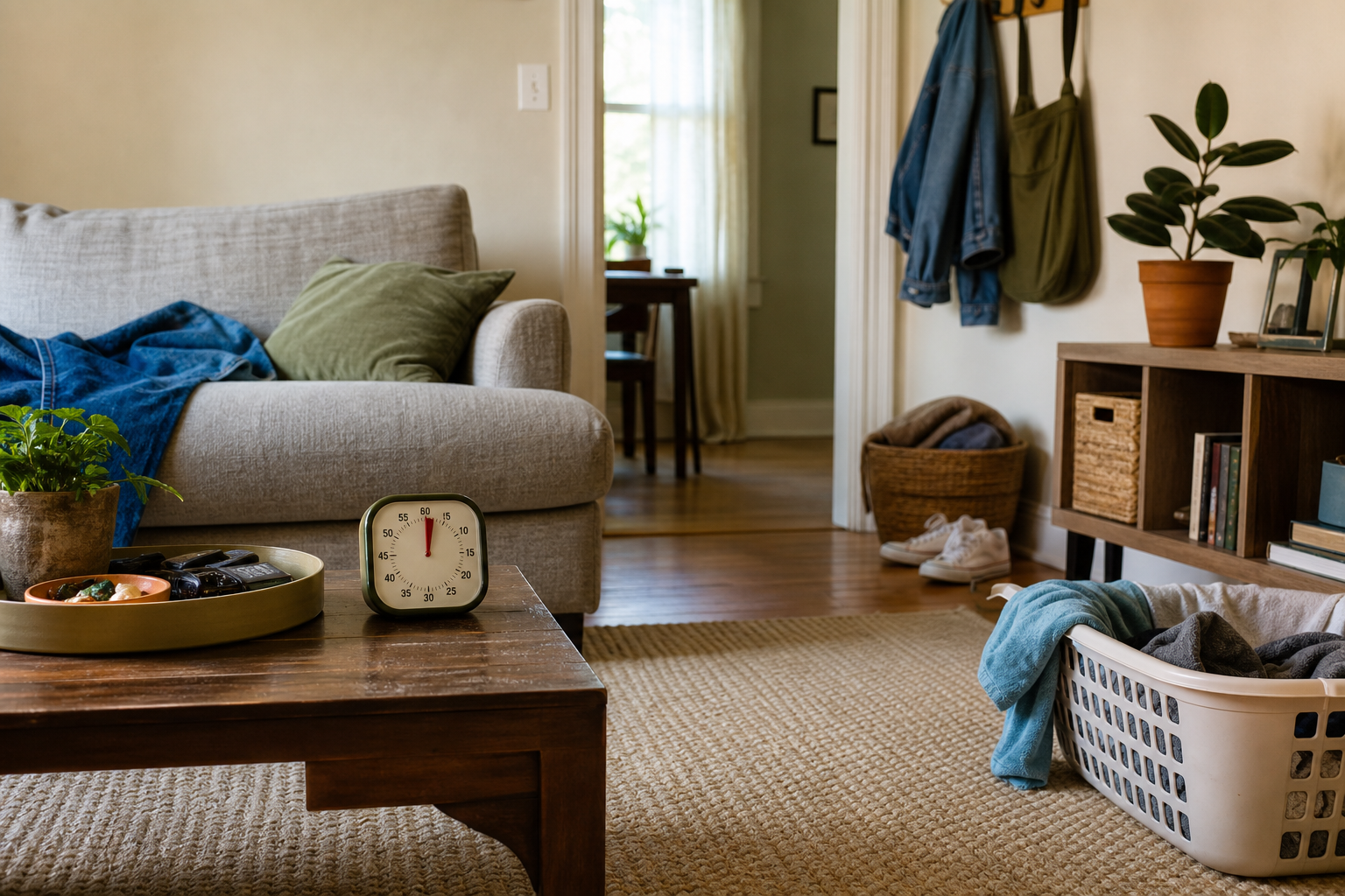 Natural living room scene prepared for a contained 20-minute apartment reset