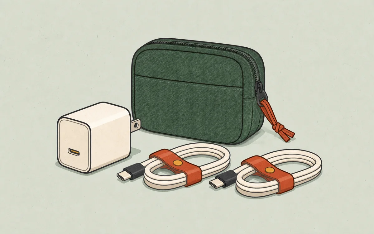 Compact charger, braided USB-C cable, and travel pouch